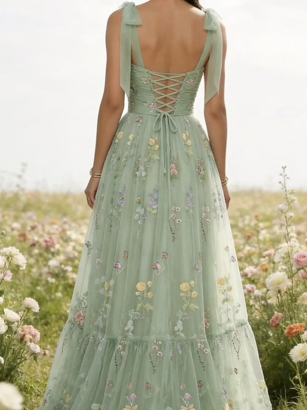 Green Floral Embroidered Tulle Maxi Dress with Shoulder Ties for HOCO or Prom